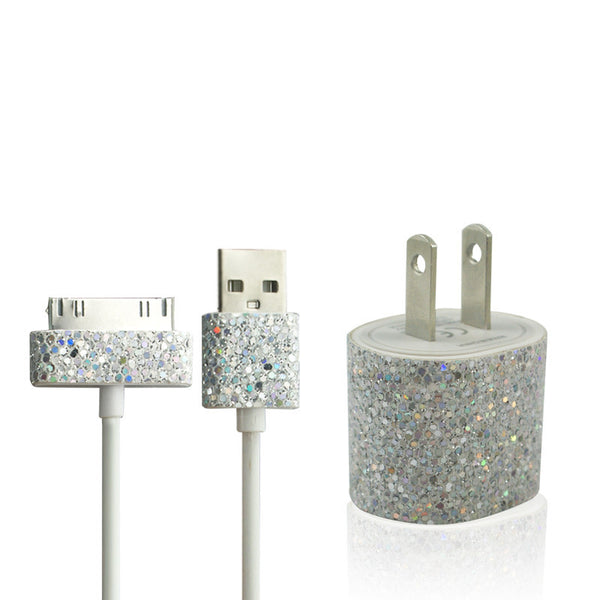 Silver Glitter Bling iPhone 4 iPhone 4S Charger Set