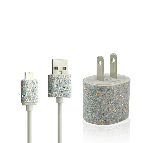 Silver Glitter Bling Micro USB Charger Set