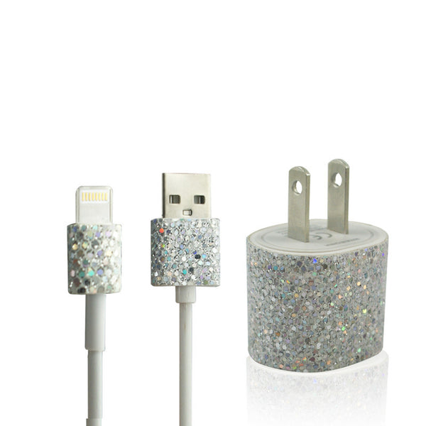 Silver Glitter Bling iPhone 5 iPhone 5S Charger Set