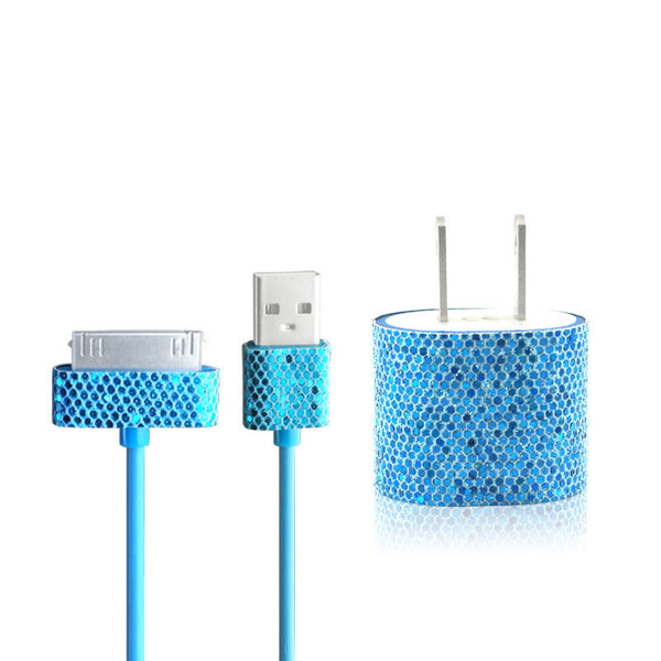 Blue Glitter Bling iPhone 4 iPhone 4S Charger Set