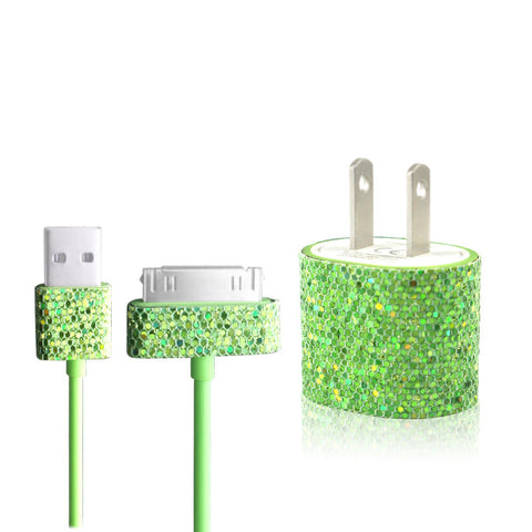 Green Glitter Bling iPhone 4 iPhone 4S Charger Set