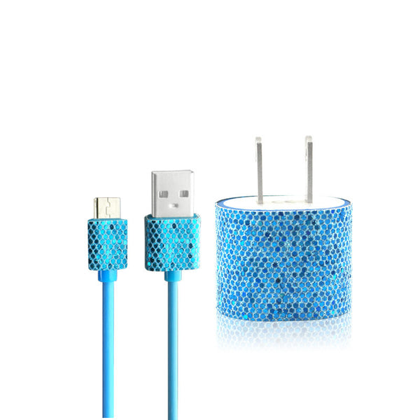 Blue Glitter Bling Micro USB Charger Set