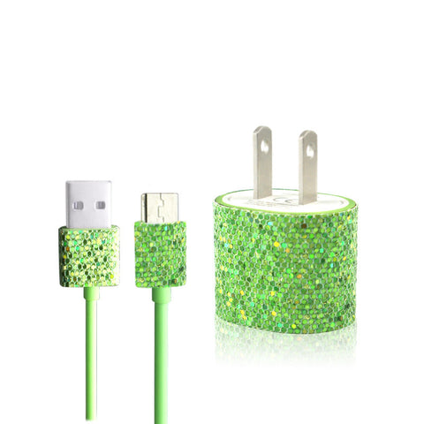 Green Glitter Bling Micro USB Charger Set