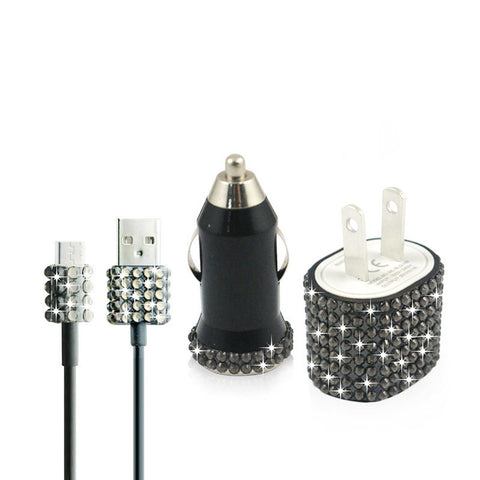 Black Bling Rhinestone Micro USB Travel Charger Kit