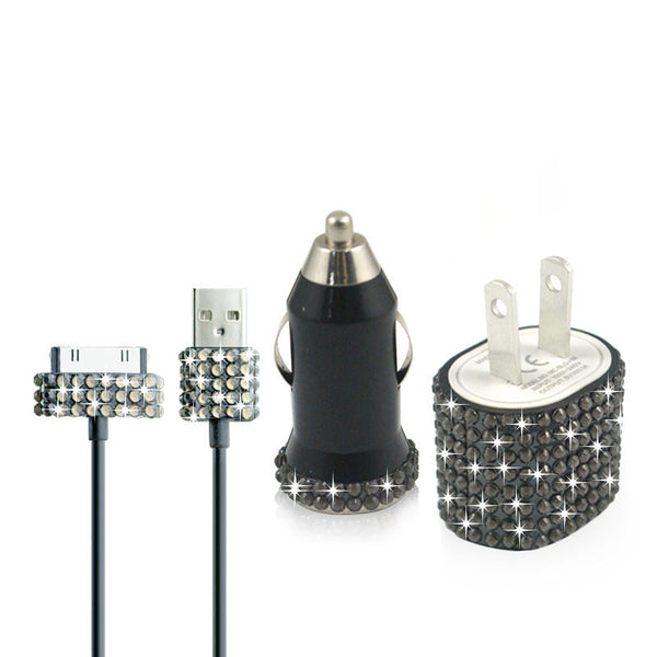 Black iPhone 4 iPhone 4S Bling Rhinestone Travel Charger Kit