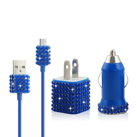 Blue Bling Rhinestone Micro USB Travel Charger Kit