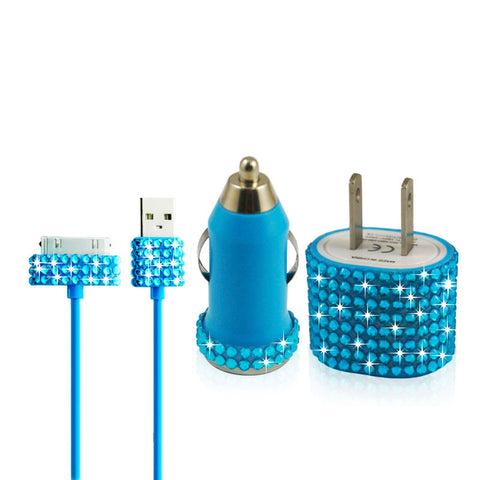 Light Blue iPhone 4 iPhone 4S Bling Rhinestone Travel Charger Kit