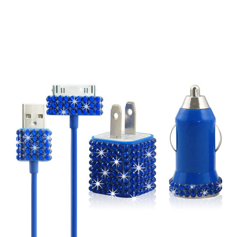 Blue iPhone 4 iPhone 4S Bling Rhinestone Travel Charger Kit