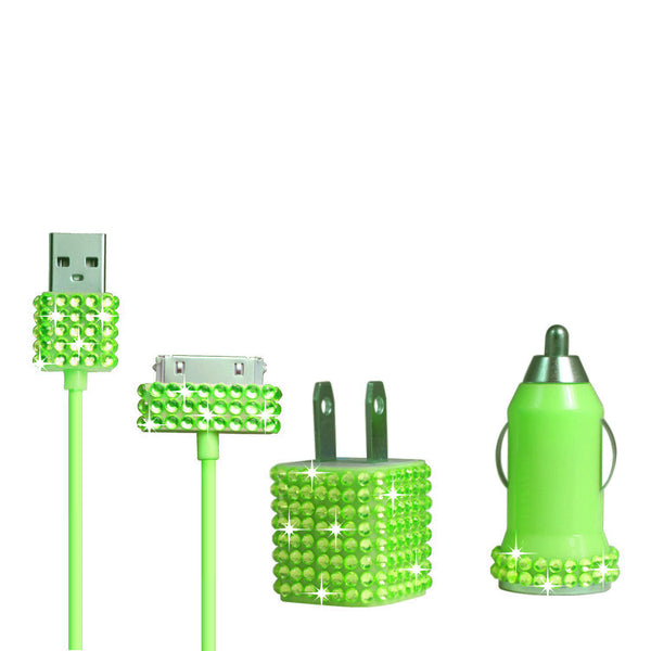 Green iPhone 4 iPhone 4S Bling Rhinestone Travel Charger Kit