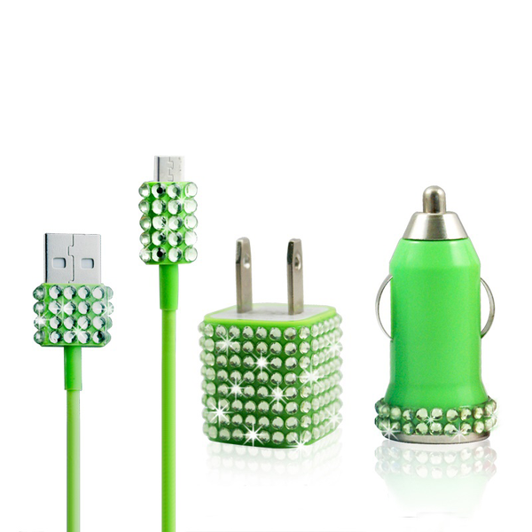 Green Bling Rhinestone Micro USB Travel Charger Kit