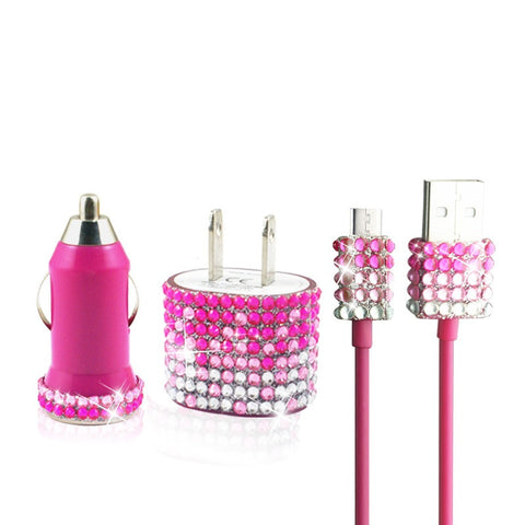 Pink Fade Glitter Bling Rhinestone Micro USB Travel Charger Kit