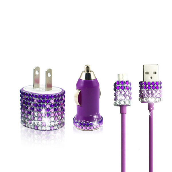 Purple Fade Glitter Bling Rhinestone Micro USB Travel Charger Kit