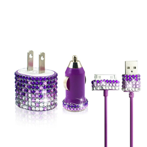 Purple iPhone 4 iPhone 4S Fade Glitter Bling Rhinestone Travel Charger Kit