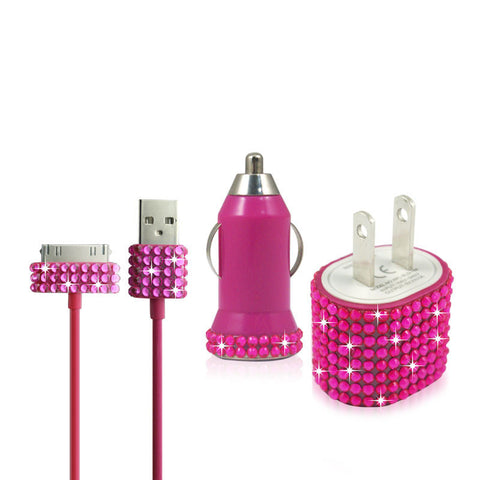 Pink iPhone 4 iPhone 4S Bling Rhinestone Travel Charger Kit