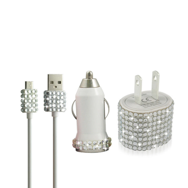 White Bling Rhinestone Micro USB Travel Charger Kit