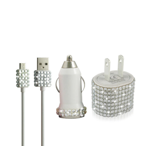White Bling Rhinestone Micro USB Travel Charger Kit
