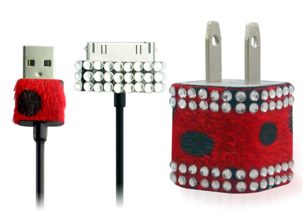iPhone 4 iPhone 4S Red Spotted Bling Rhinestone Charger Set